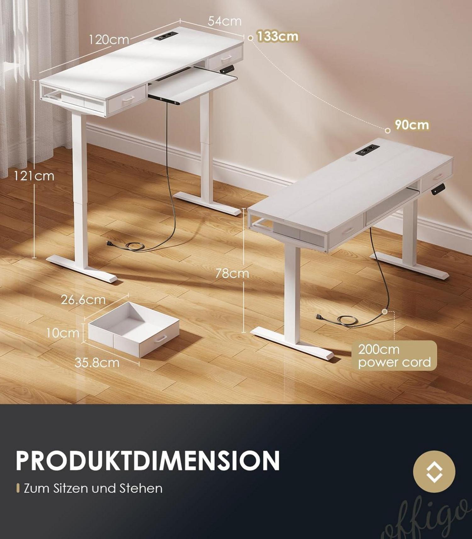 OffiGo Höhenverstellbarer Schreibtisch 120cm Elektrisch mit Schubladen