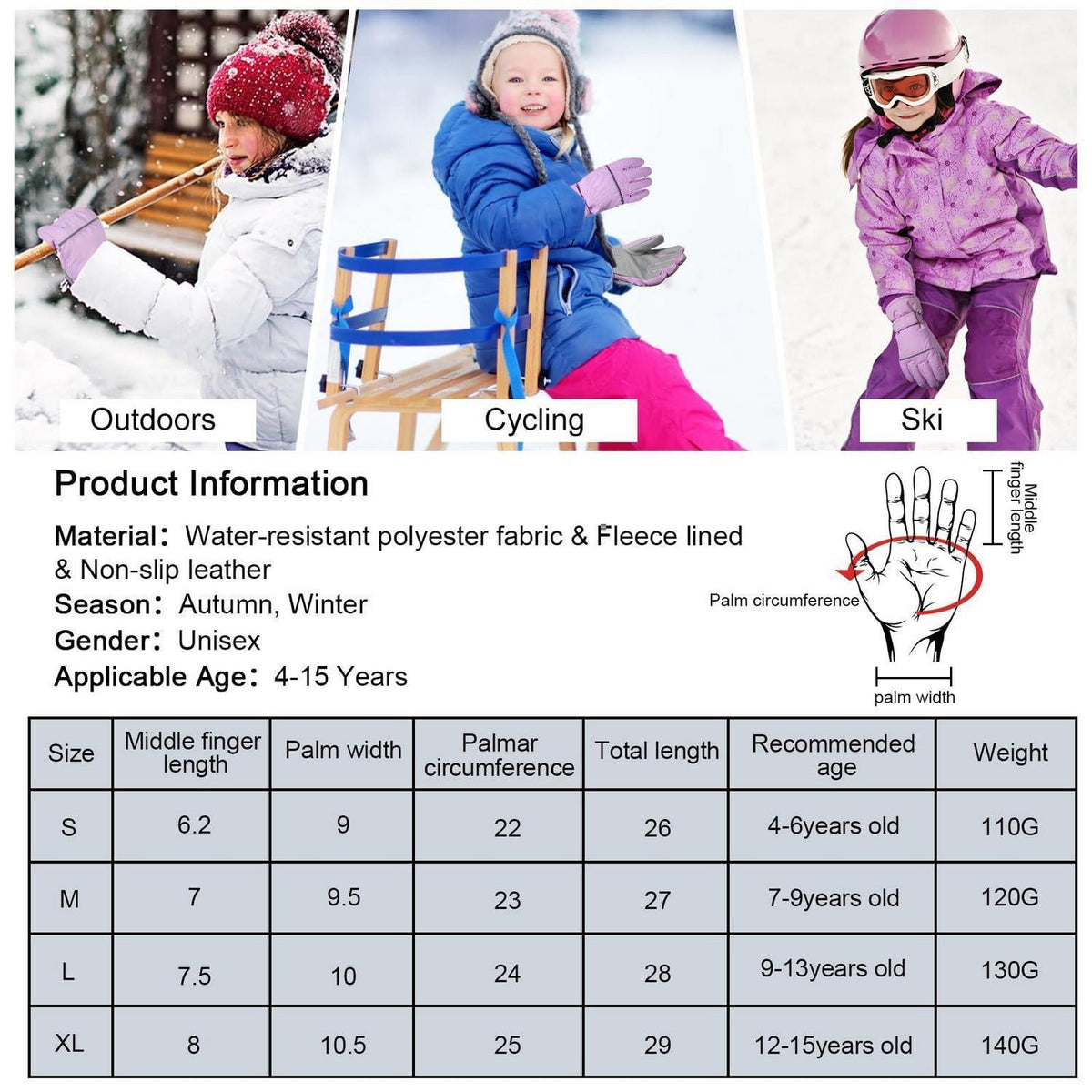 Kinder Skihandschuhe wasserdicht warm violett L