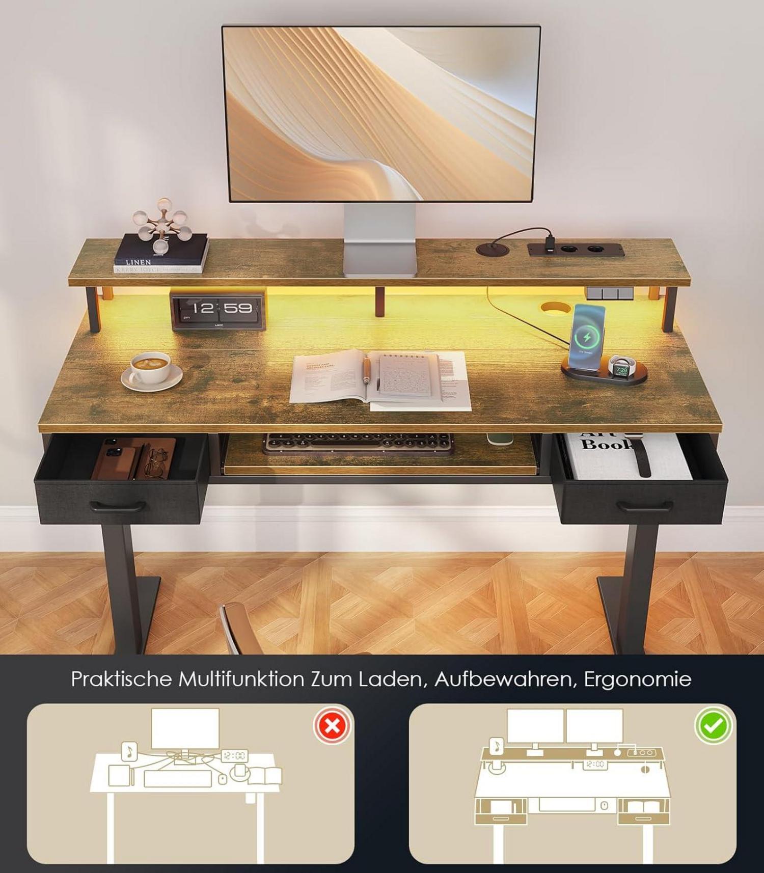 Elektrischer Schreibtisch Höhenverstellbar mit Schubladen 120 cm Braun