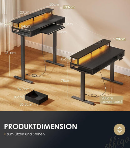 Elektrischer Schreibtisch Höhenverstellbar mit Schubladen LED Schwarz