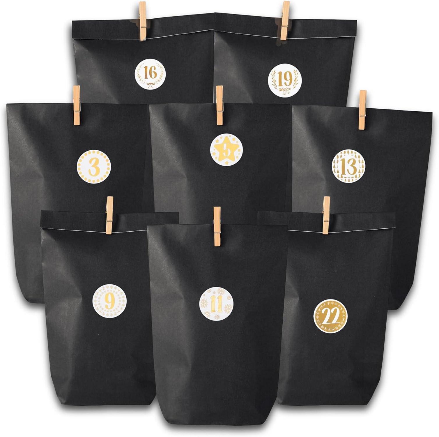 Adventskalender Set Schwarz mit Geschenktüten, Aufklebern & Klammern