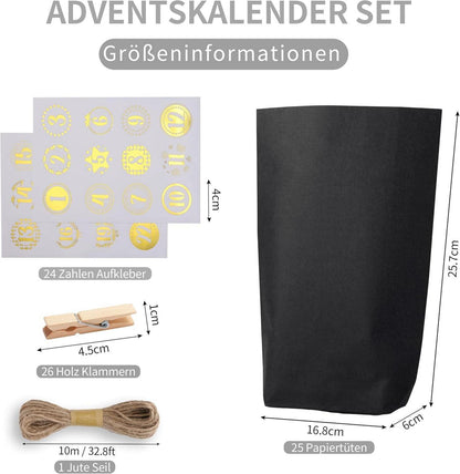Adventskalender Set Schwarz mit Geschenktüten, Aufklebern & Klammern
