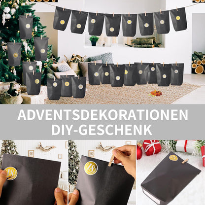 Adventskalender zum Befüllen mit schwarzen Geschenktüten, Zahlenaufklebern und Klammern