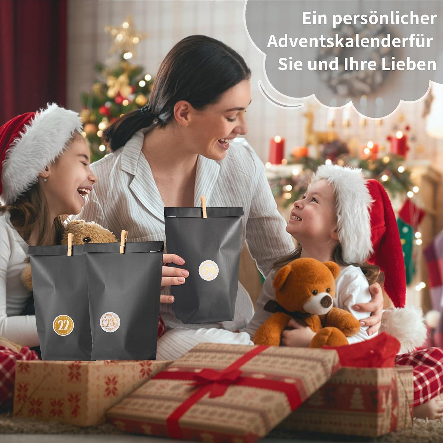 DIY Adventskalender Set 25 Schwarze Geschenktüten 24 Zahlenaufkleber 26 Klammern