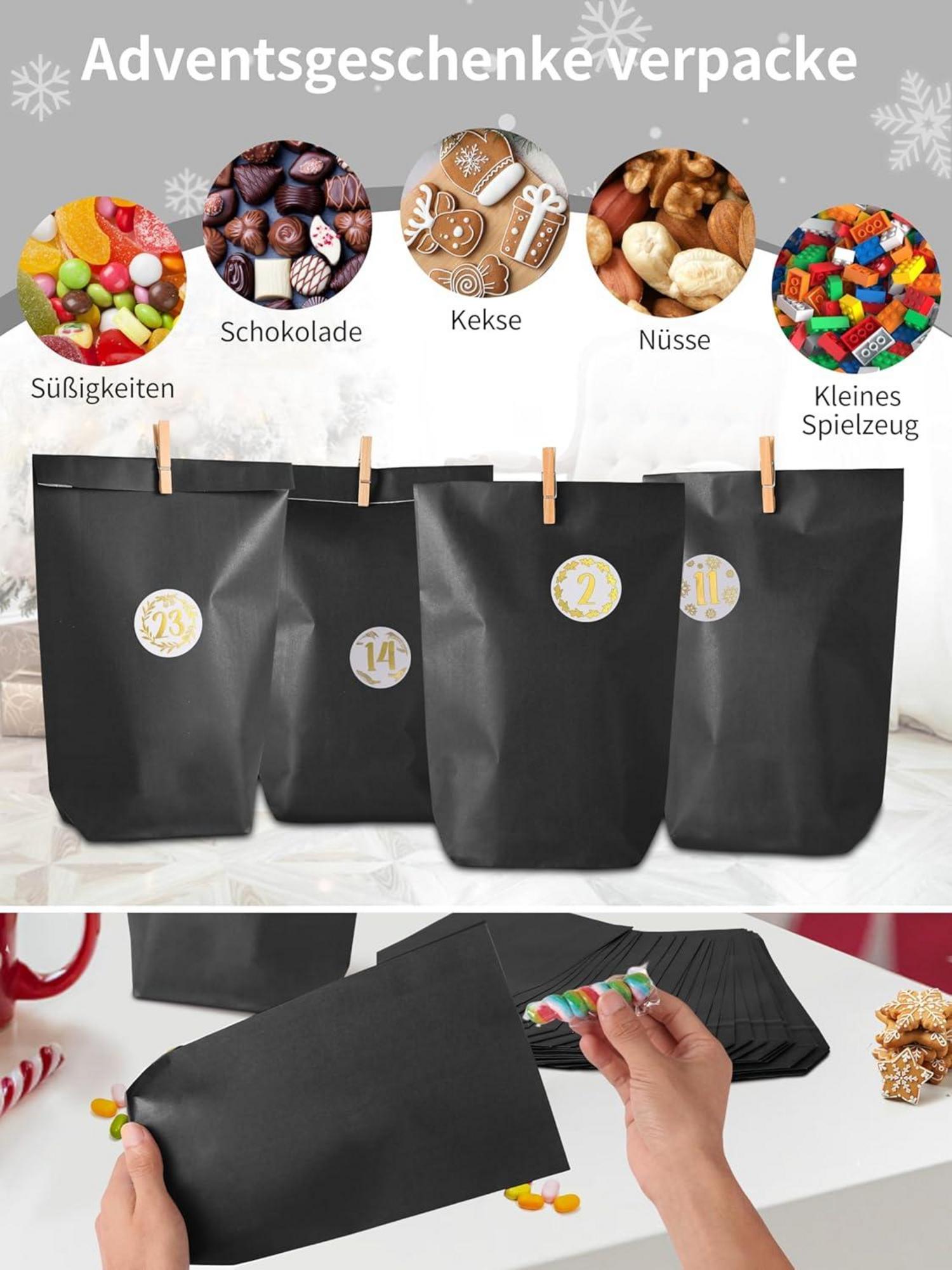 DIY Adventskalender Set 25 Schwarze Geschenktüten 24 Zahlenaufkleber 26 Klammern