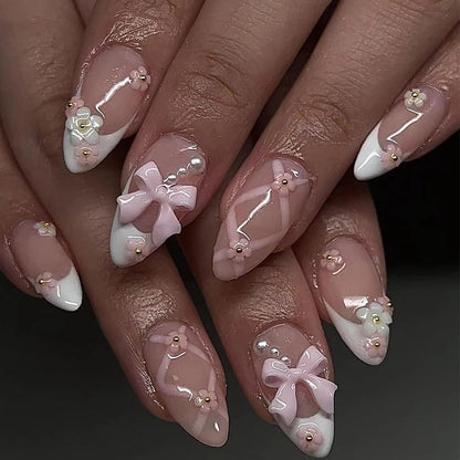 24 Stück Künstliche Nägel Mandel Nude French Weiß Tips Falsche Nägel