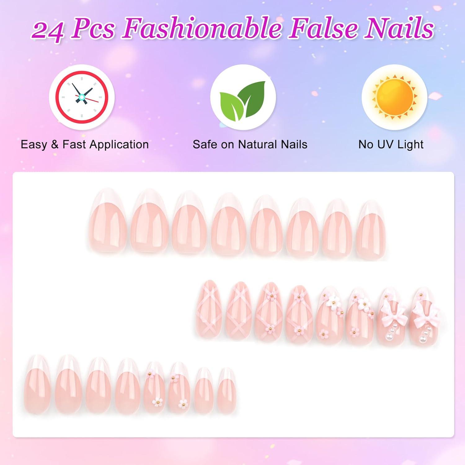 24 Stück Künstliche Nägel Mandel Nude French Weiß Tips Falsche Nägel
