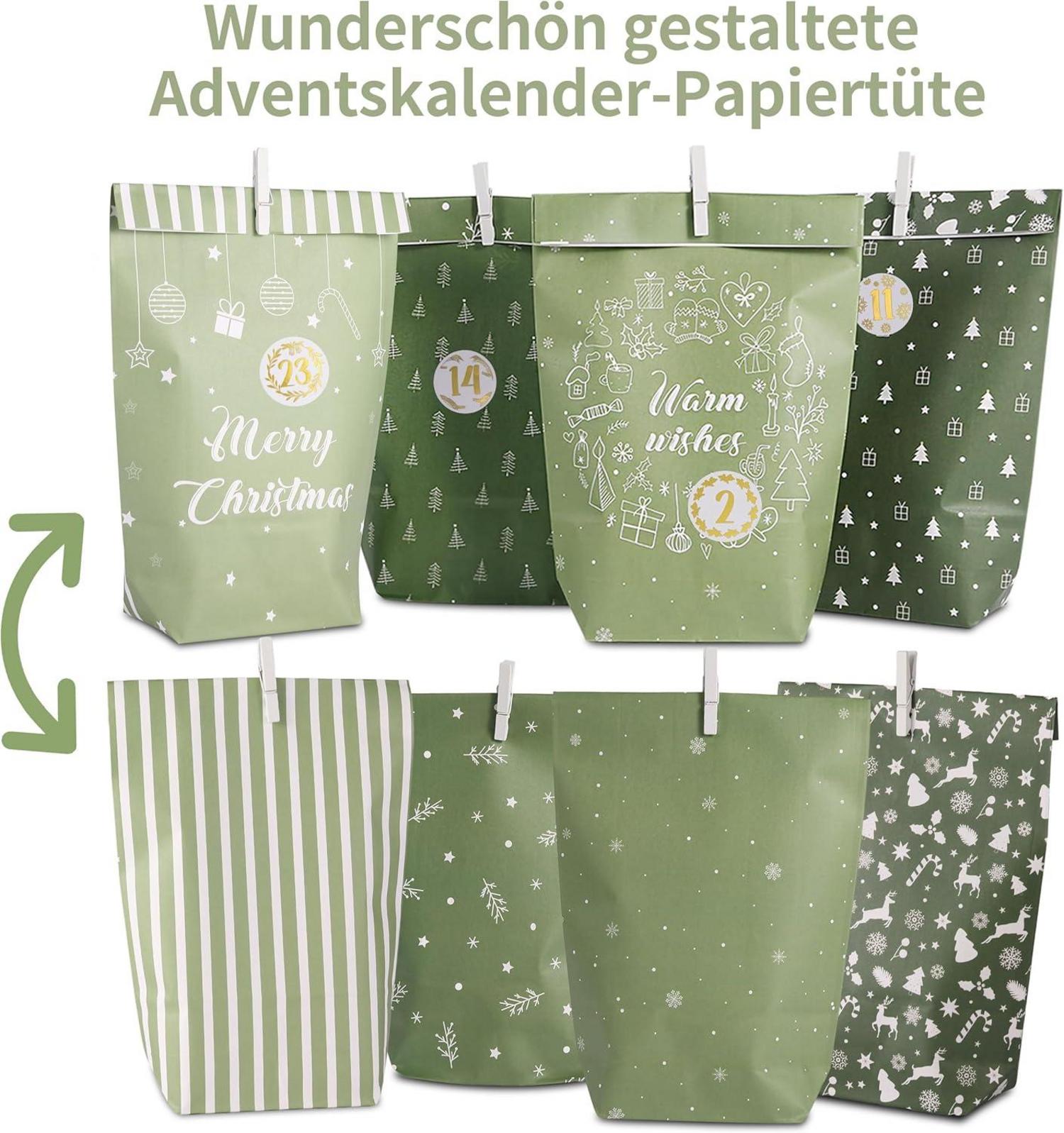 DIY Adventskalender Set 2024 - 28 Papier Weihnachtstüten Grün