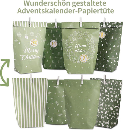 DIY Adventskalender Set 2024 - 28 Papier Weihnachtstüten Grün