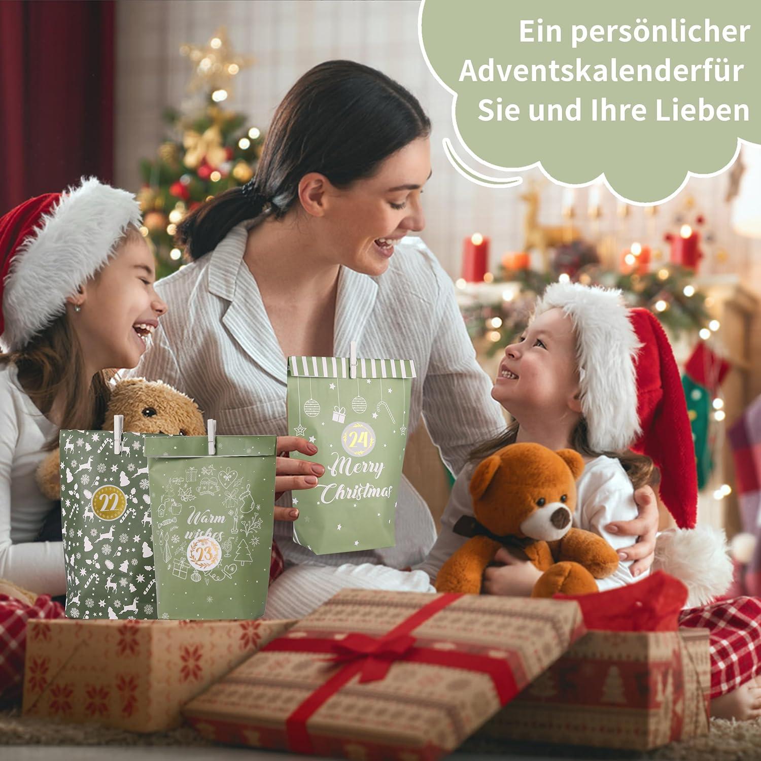Adventskalender zum Befüllen mit 28 Papier Adventstüten Holzklammern