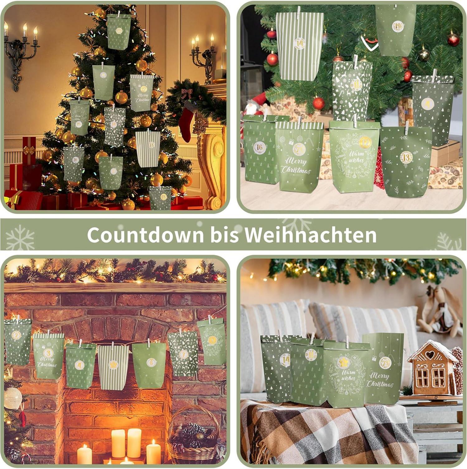 DIY Adventskalender Set 2024 - 28 Papier Weihnachtstüten Grün