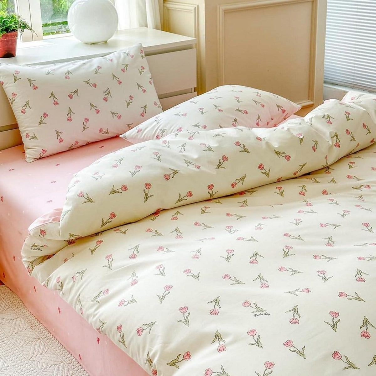 Baumwoll Bettwäsche Set Blumen Weiß Rosa 155x220 cm