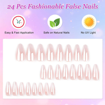 24er Set Künstliche Nägel Rosa Weiß Gradient mit Klebepads