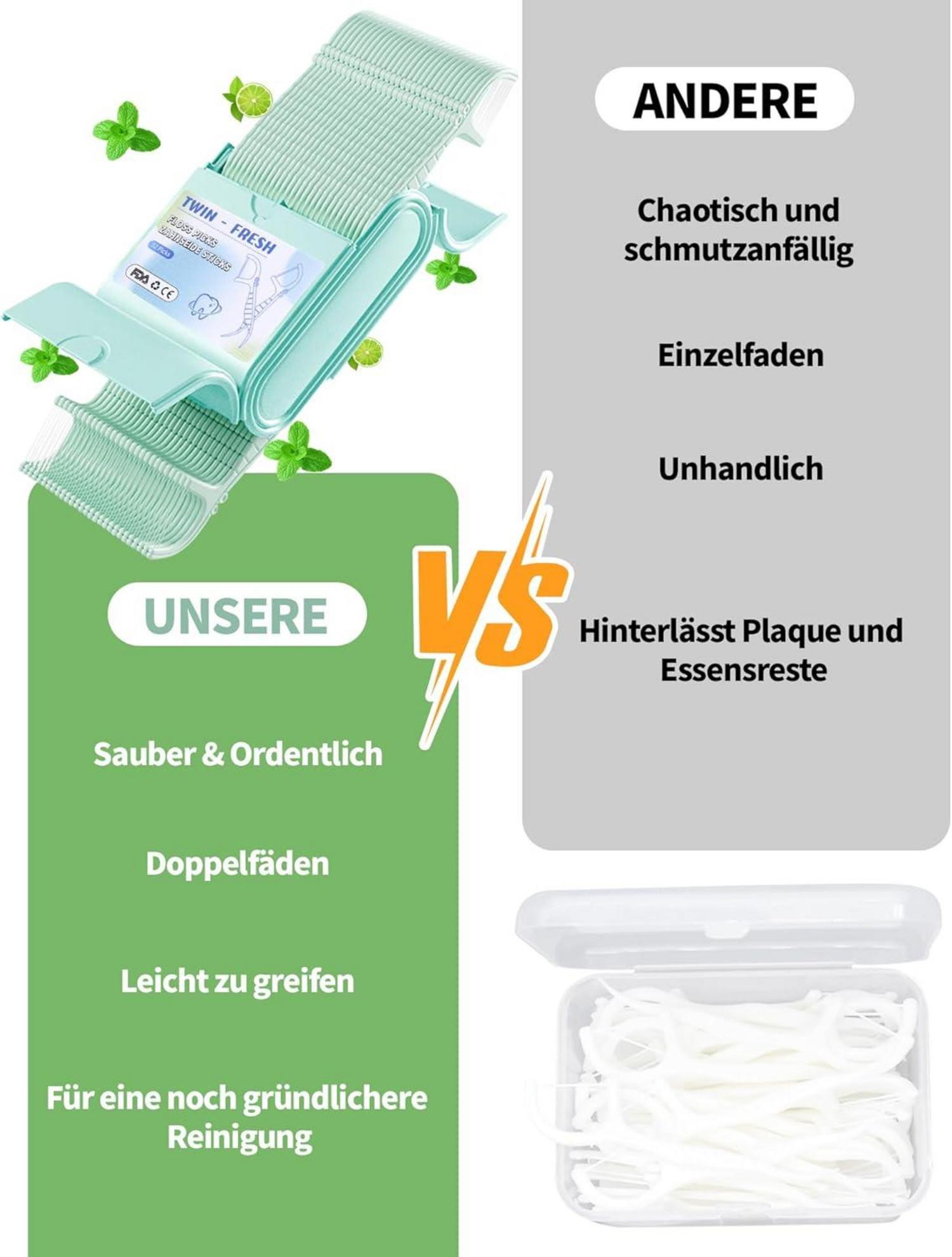 Zahnseide Sticks Minze Twin line Dental Floss 156 Stk. mit Geschmack in 3 farbige Reisetui