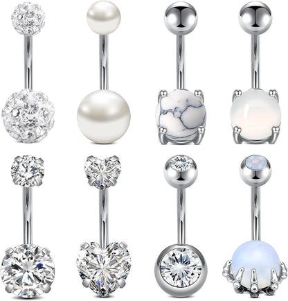 Bauchnabelpiercing Set mit Herz CZ Steinen Blau Silber Rosa