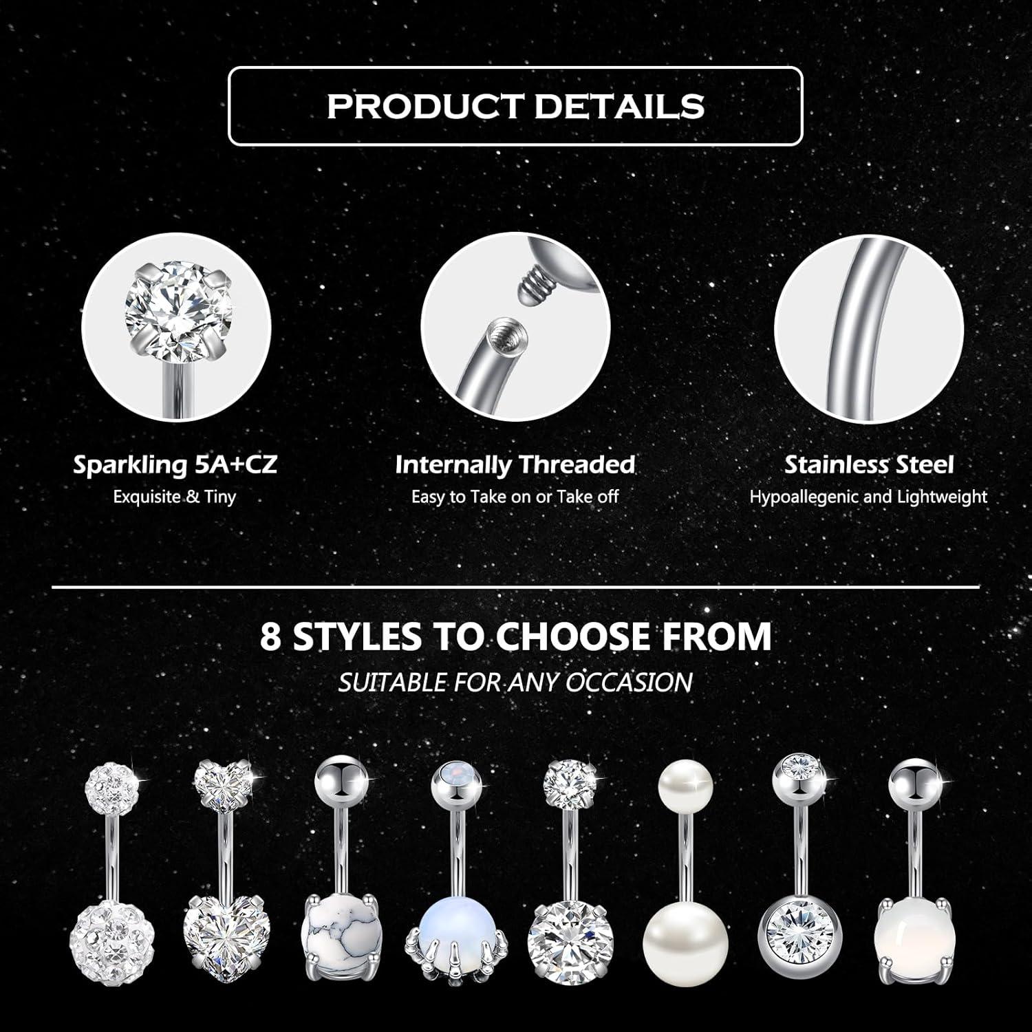 Bauchnabelpiercing Set mit Herz CZ Steinen Blau Silber Rosa