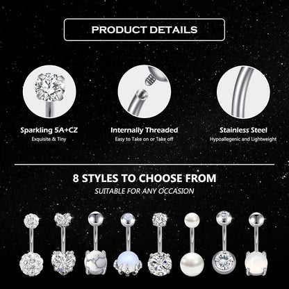Bauchnabelpiercing Set mit Herz CZ Steinen Blau Silber Rosa