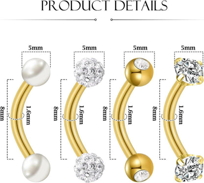 Bauchnabelpiercing Set Gold Silber 4 Stück 14G CZ Perle 6mm