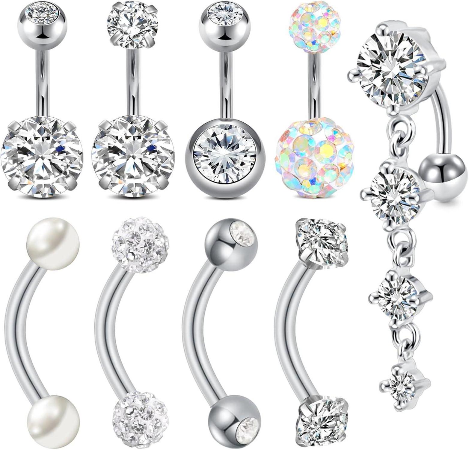 Bauchnabelpiercing 14G Gold Silber CZ 8mm Edelstahl 6mm Stablänge