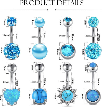 Bauchnabelpiercing Set 8 Stück Edelstahl CZ Stein Herzform