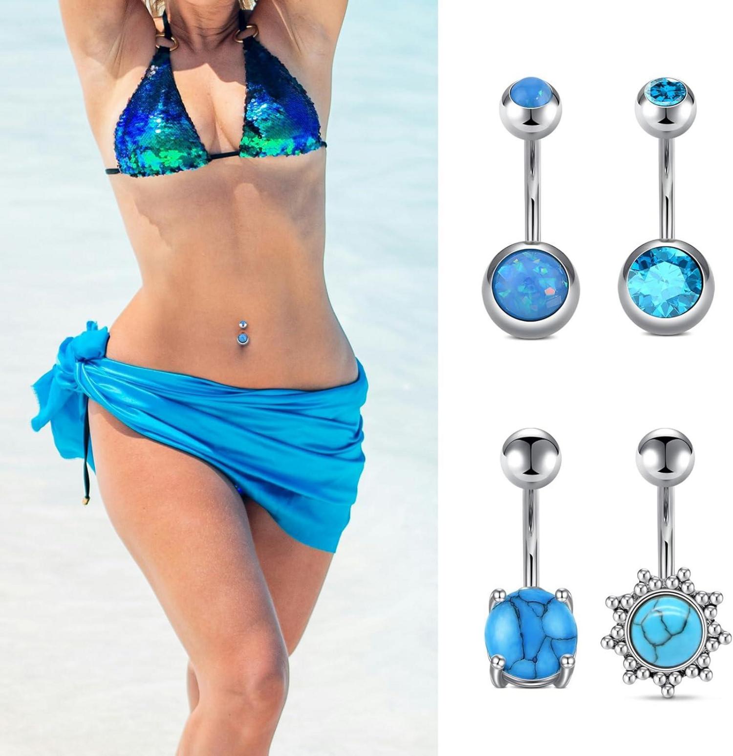 8 Stück Bauchnabelpiercing Set Edelstahl CZ Steine Herzform 10mm Blau Silber Rose Lila
