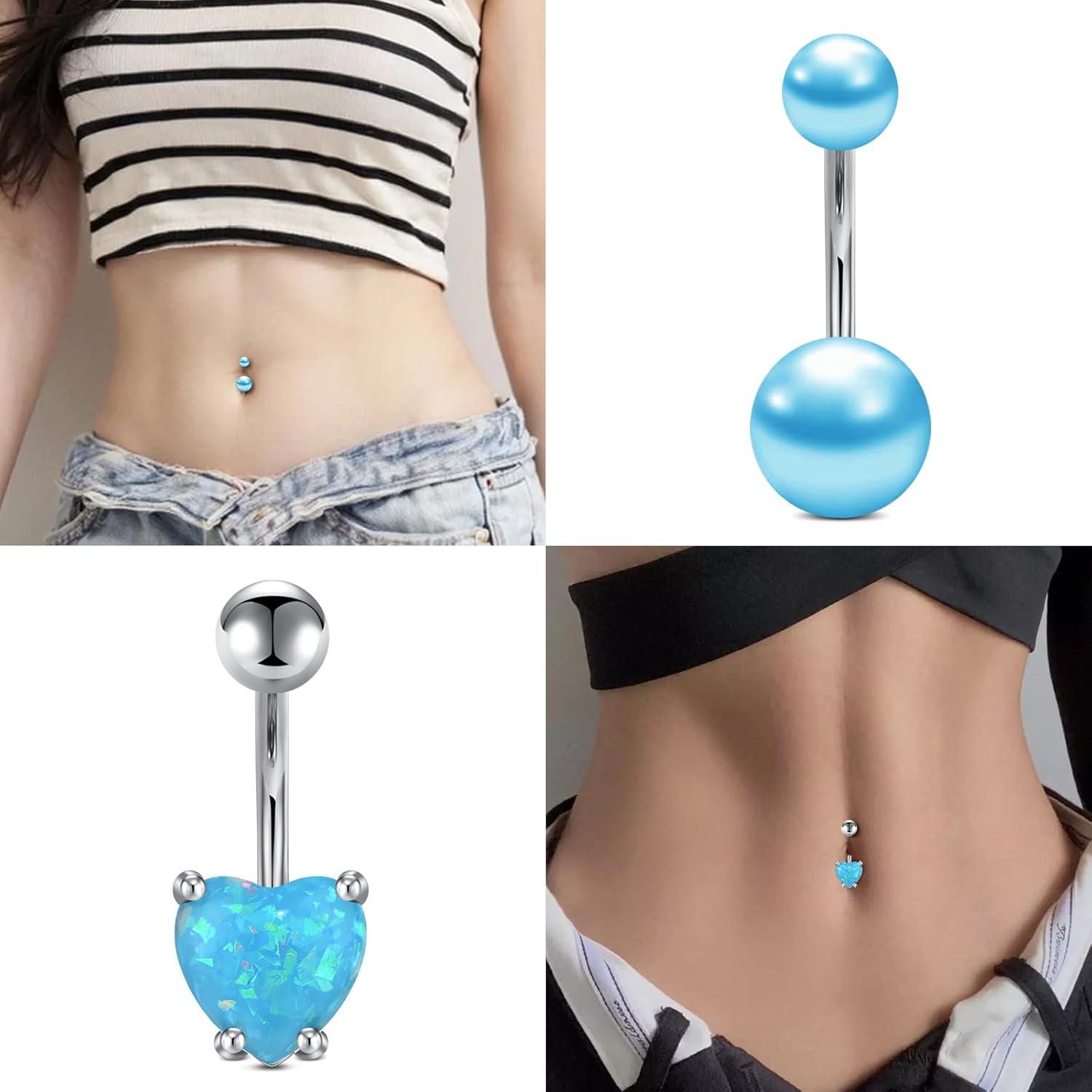 8er Set Bauchnabelpiercing Herz CZ Steine blau lila silber 10mm