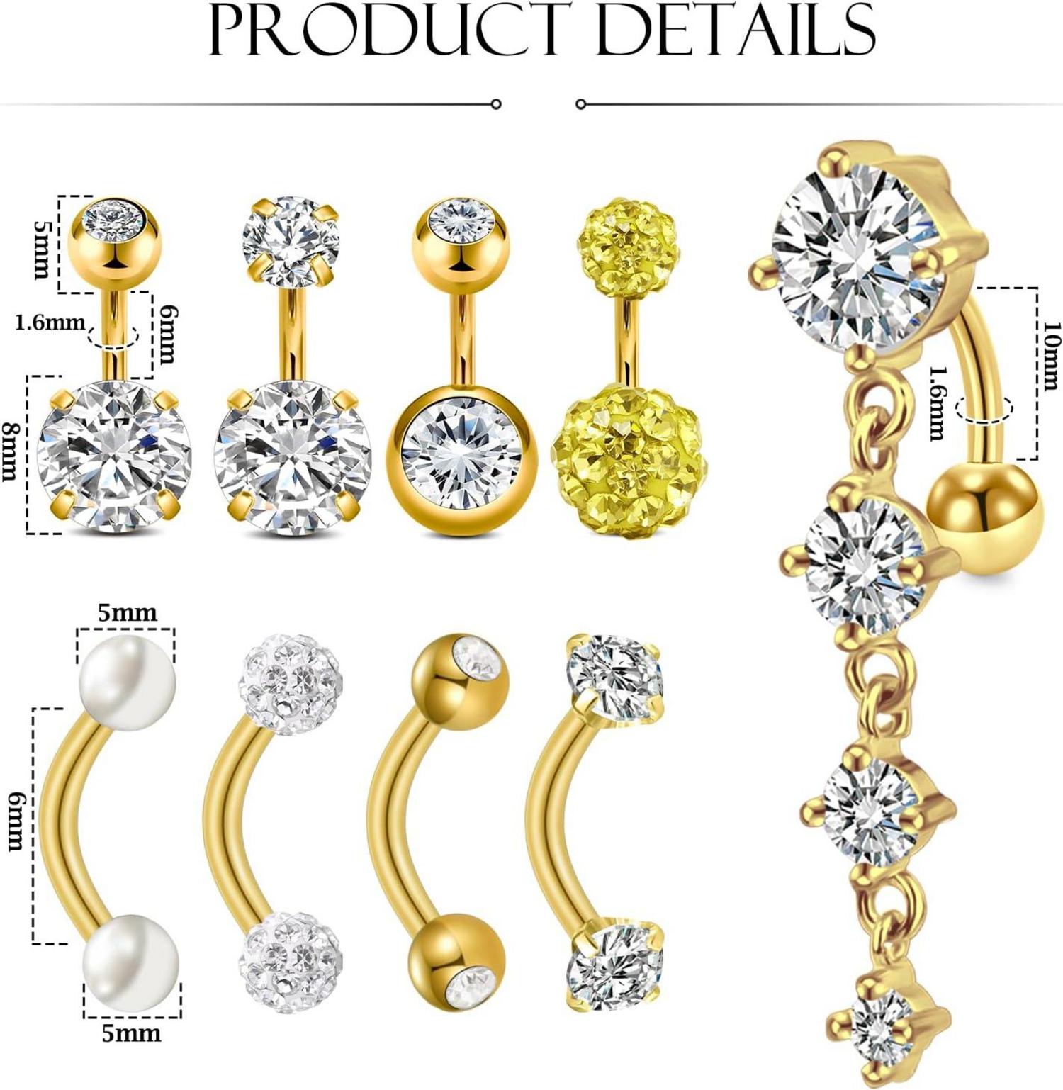 Bauchnabelpiercing 14G Gold Silber Edelstahl CZ 6mm 8mm