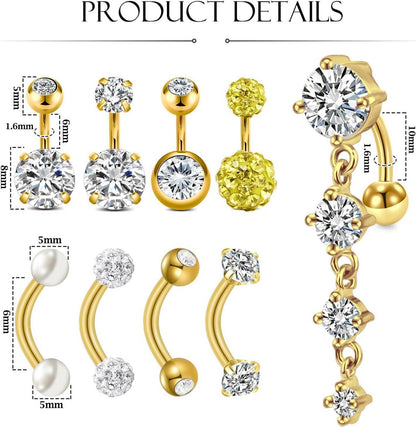 Bauchnabelpiercing 14G Gold Silber Edelstahl CZ 6mm 8mm