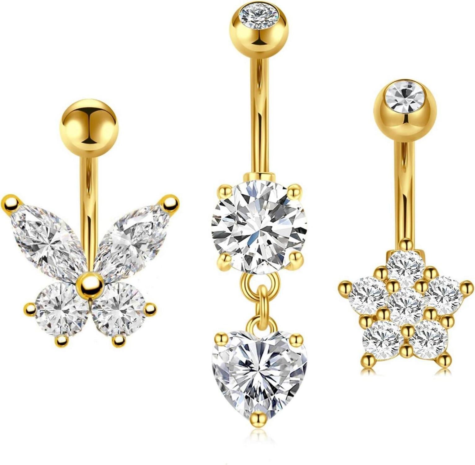 Bauchnabelpiercing Gold Schmetterling Blume CZ Edelstahl 3er-Set