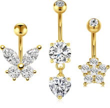 Bauchnabelpiercing Gold Schmetterling Blume CZ Edelstahl 3er-Set