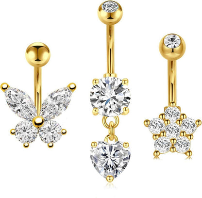 Bauchnabelpiercing Gold Schmetterling Blume CZ Edelstahl 3er-Set