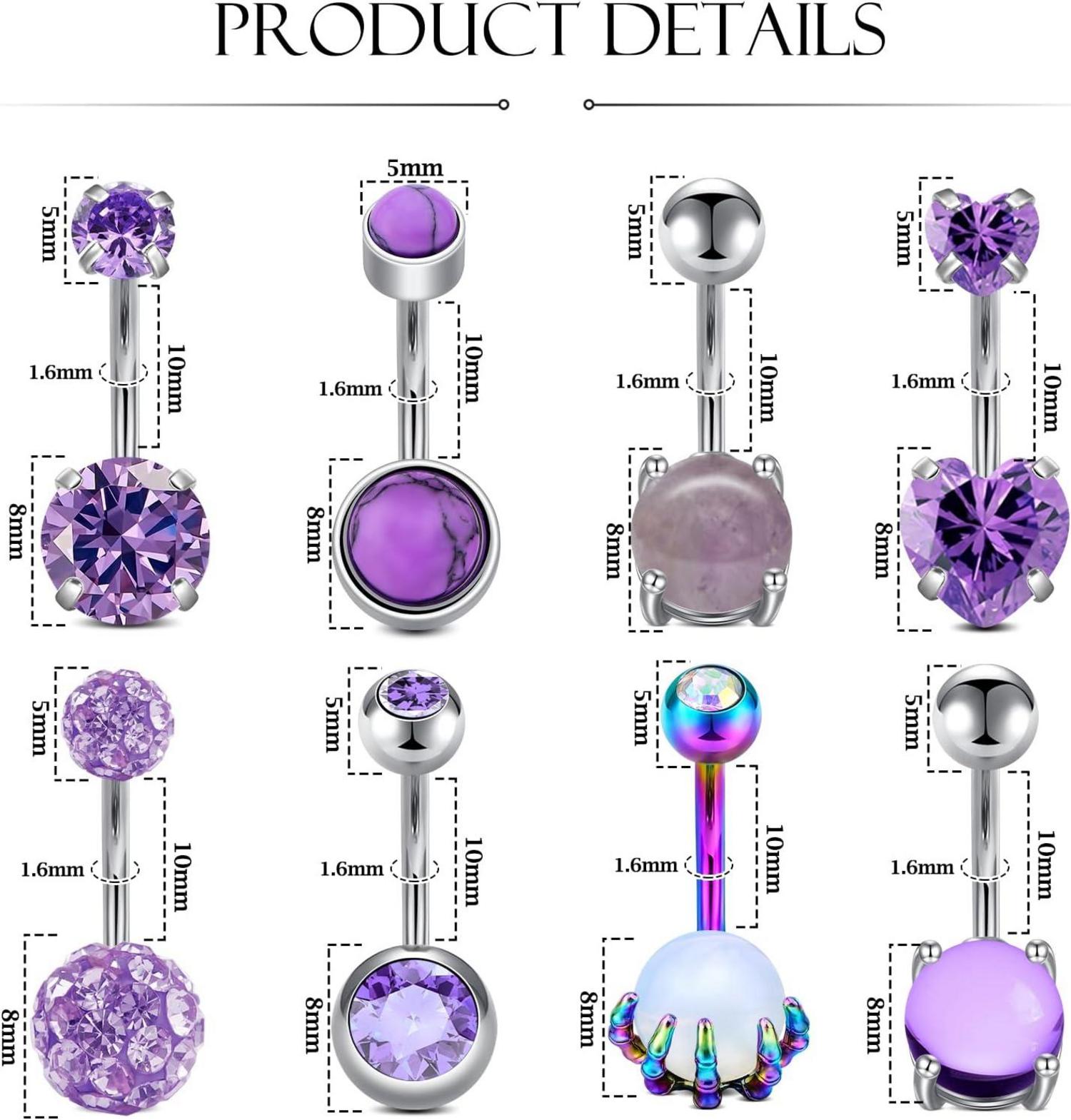 8 Stück Bauchnabelpiercing Set Edelstahl Silber lila CZ