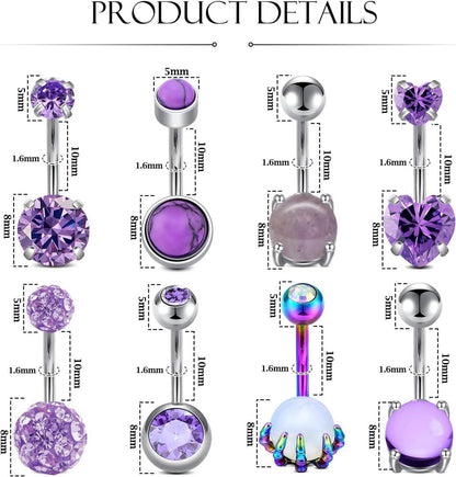 8 Stück Bauchnabelpiercing Set Edelstahl Silber lila CZ