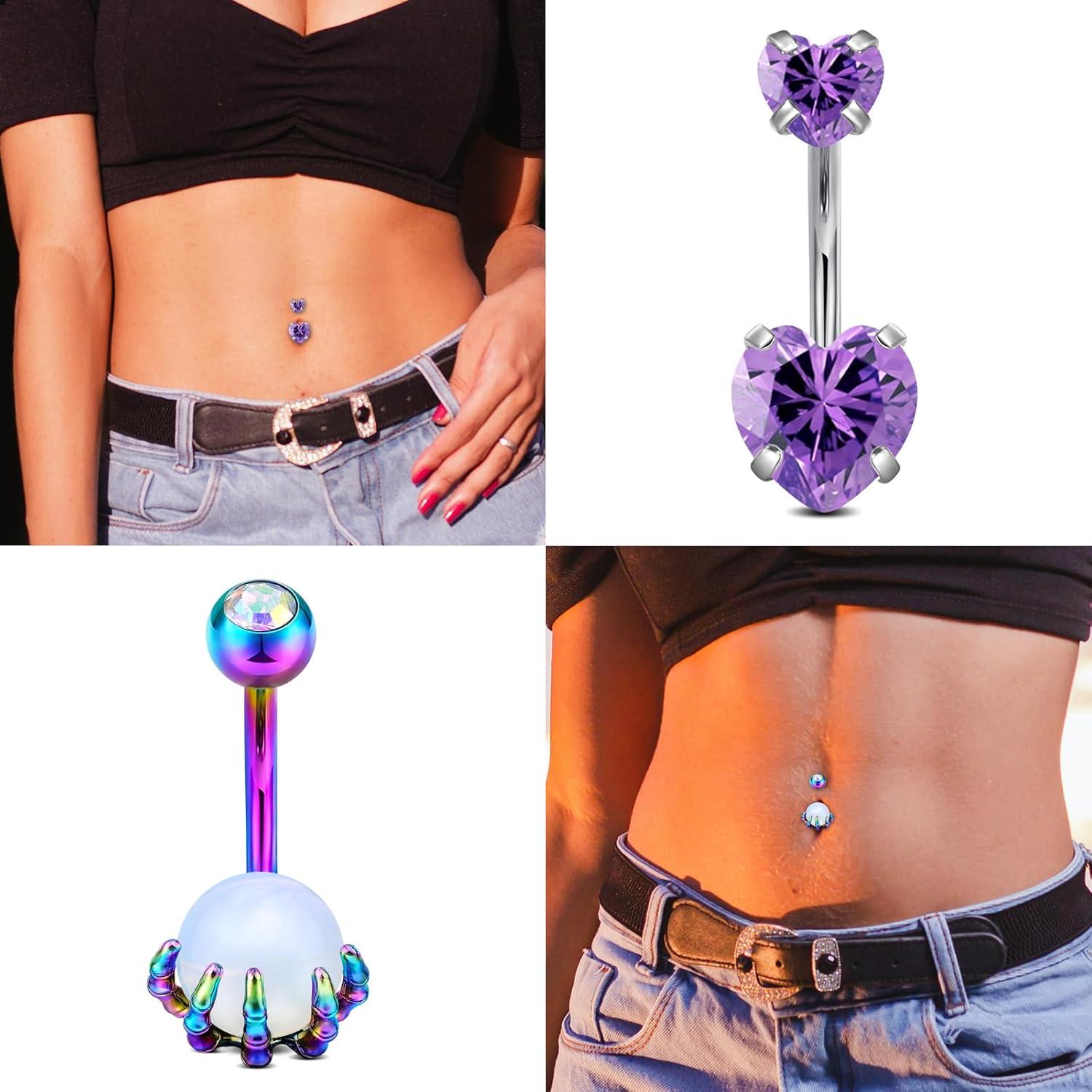 8er Set Bauchnabelpiercing Edelstahl CZ Steine Herzform Blau Rosa Lila