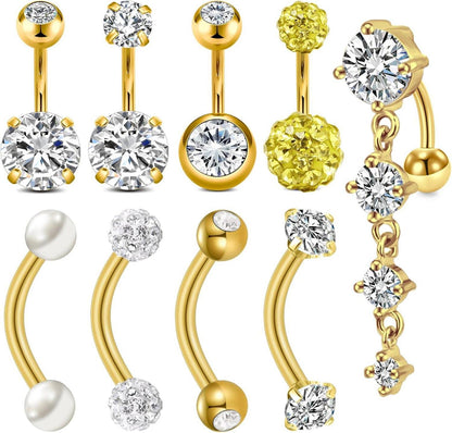 Bauchnabelpiercing Edelstahl 14G Gold Silber CZ Steine 6mm 8mm
