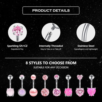 Bauchnabelpiercing Set mit CZ Steinen Herz geformt