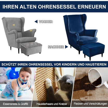3-teiliger Ohrensessel Überzug Samt Marineblau