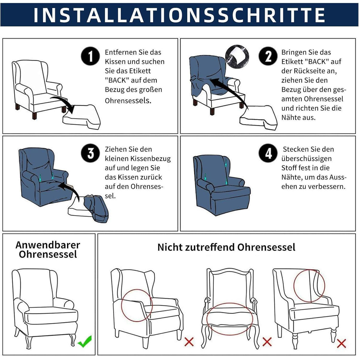 3-teiliger Ohrensessel Überzug Samt Marineblau