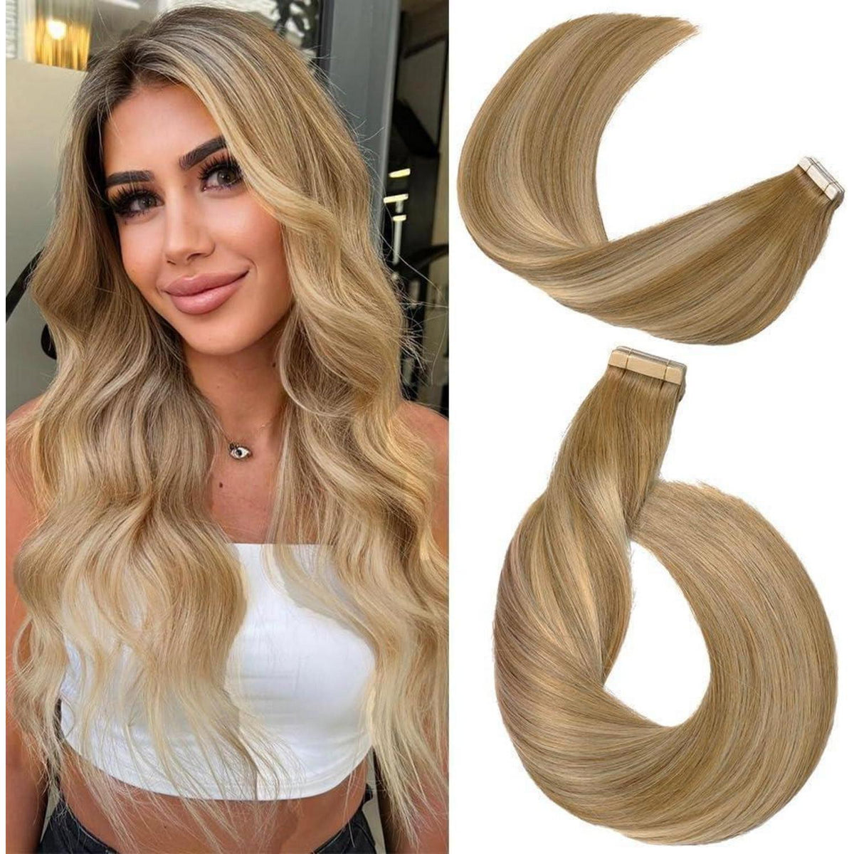 Echthaar Tape Extensions Goldbraun Balayage 55cm