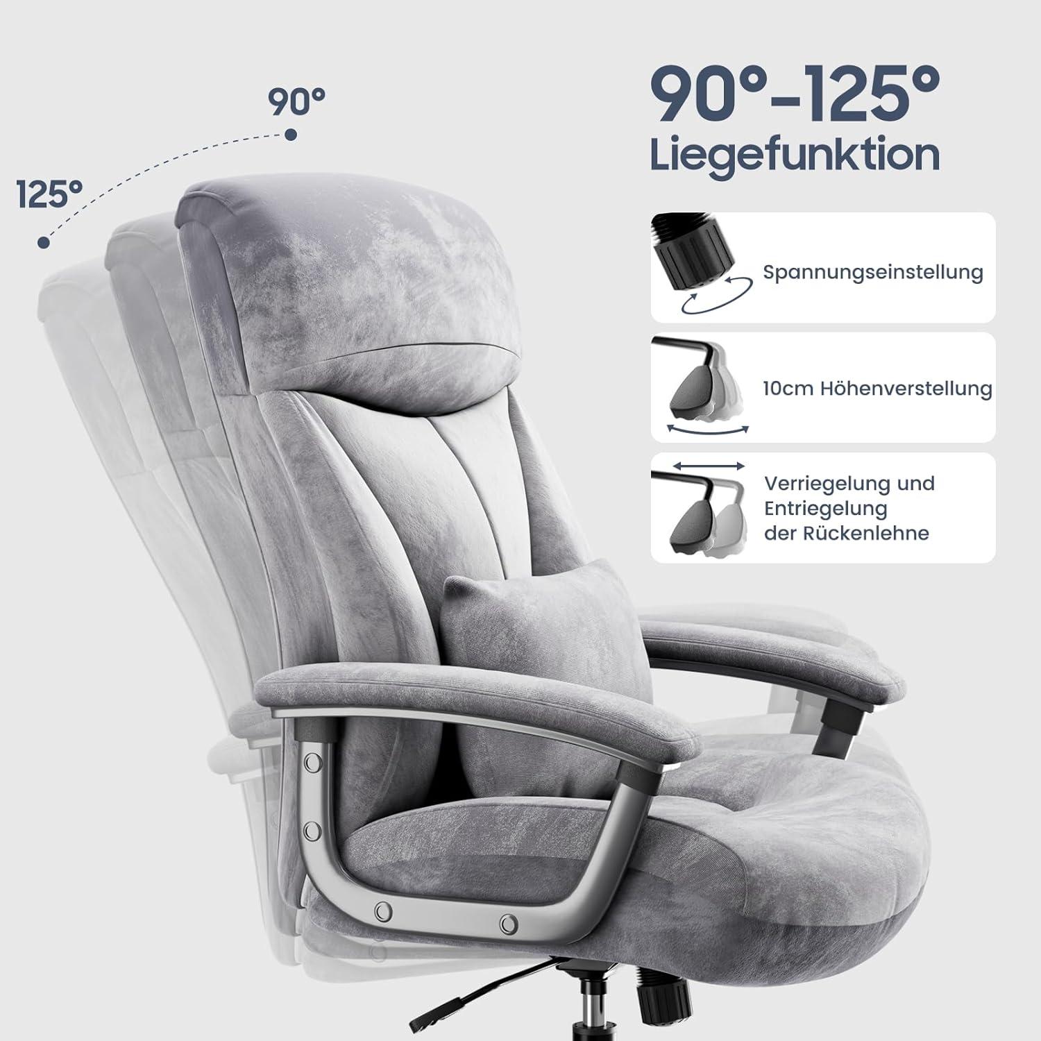 Ergonomischer Bürostuhl 200KG, Schreibtischstuhl mit Hoher Rückenlehne, Grau