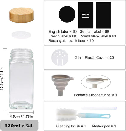 24tlg. Gewürzgläser Set 120ml quadratisch mit Streueinsatz, Etiketten