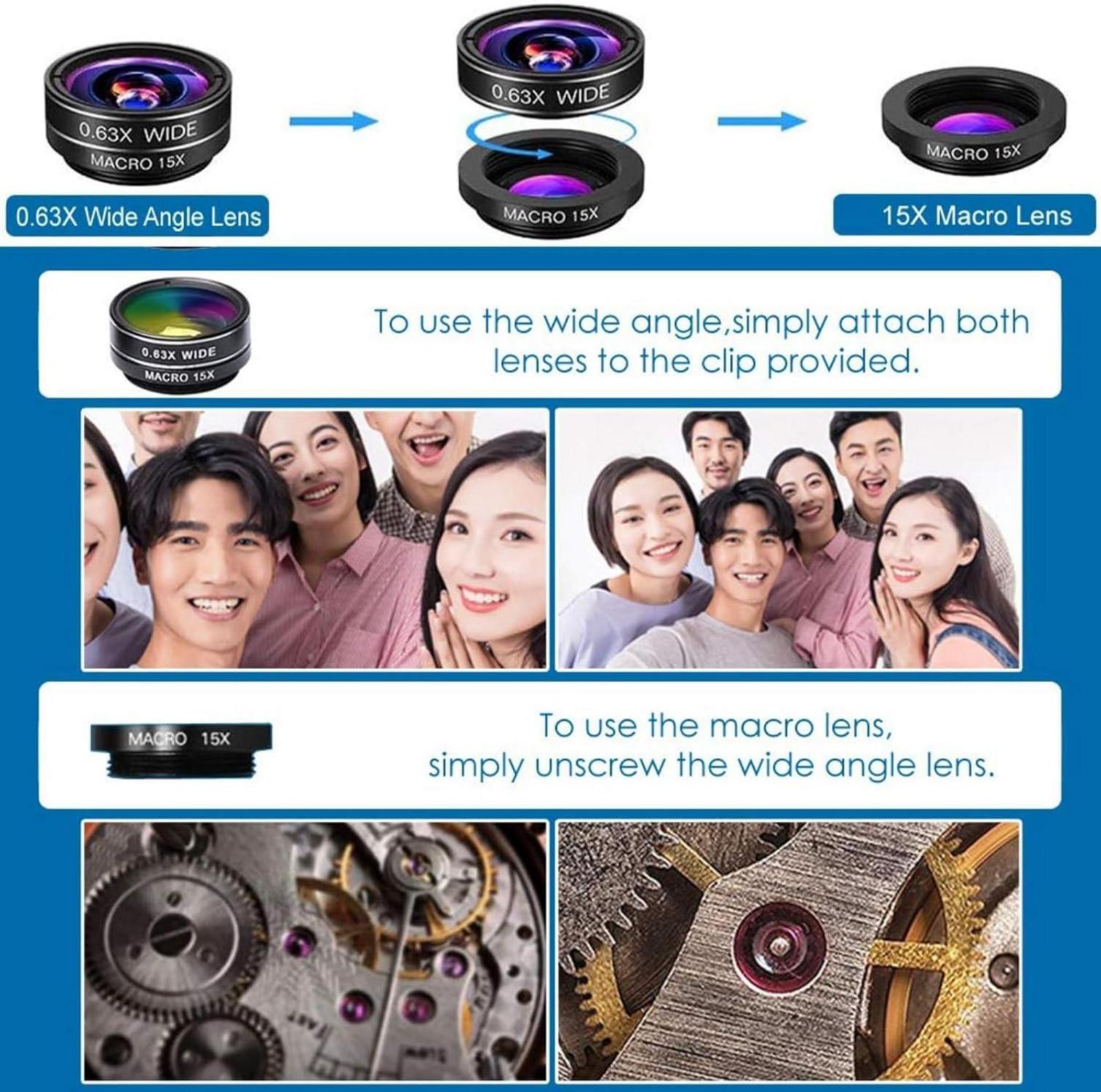 Handy Objektiv Linse Kit 7in1 Fischaugen Weitwinkel Makro CPL Starburst mit