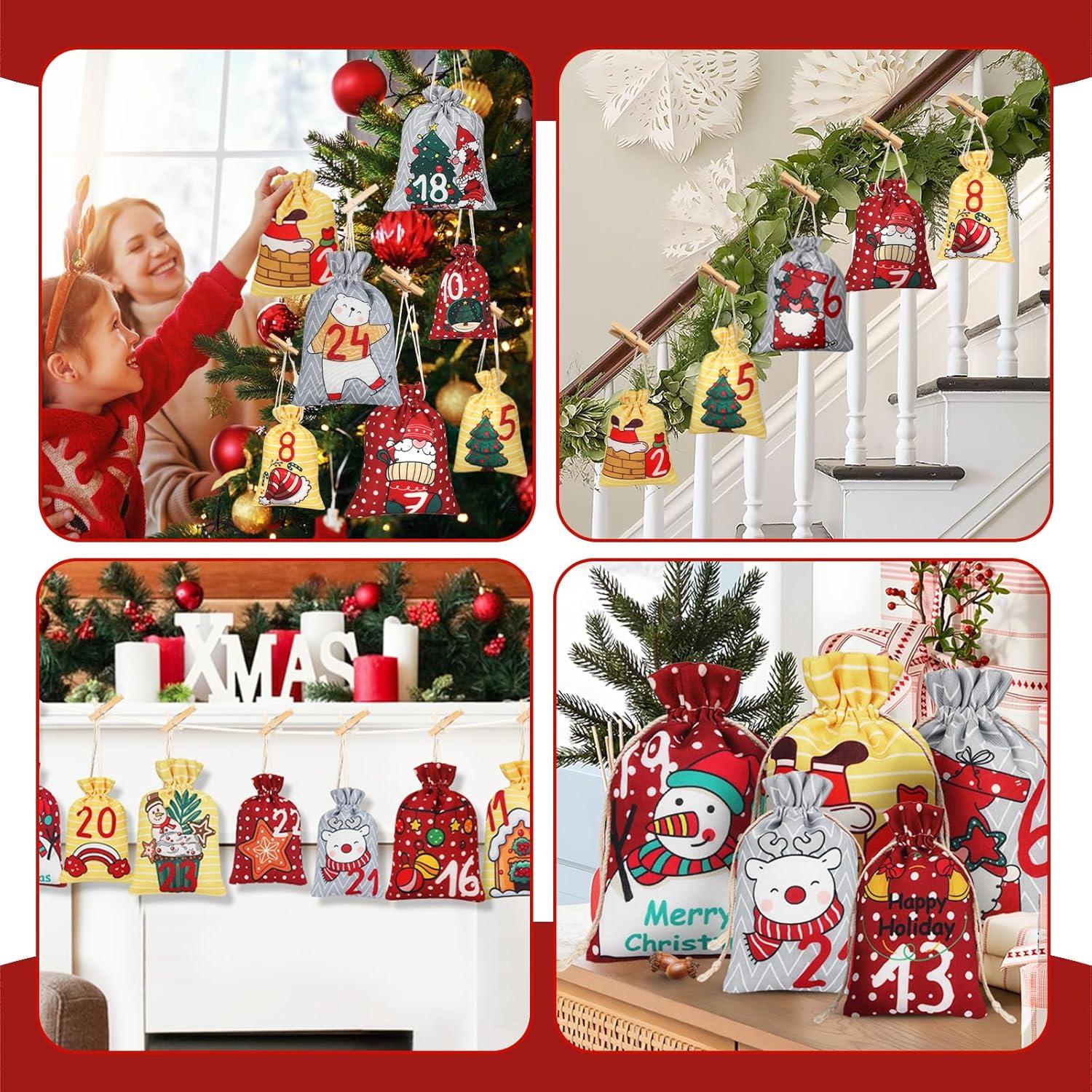 HOOWA Adventskalender zum Befüllen 24 Adventskalender Tüten Stoff Weihnachtskalender Kinder