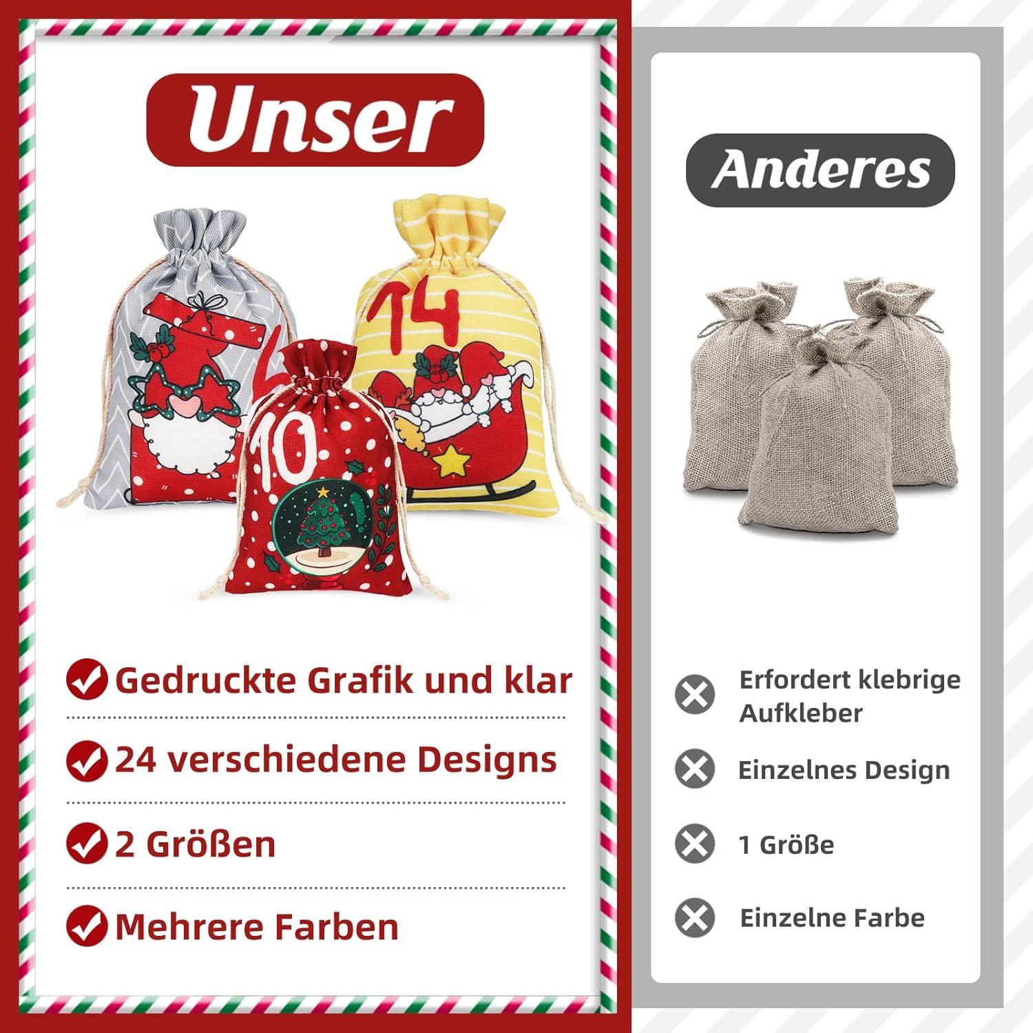Adventskalender zum Befüllen 24 Säckchen Weihnachtskalender Stoff Kinder