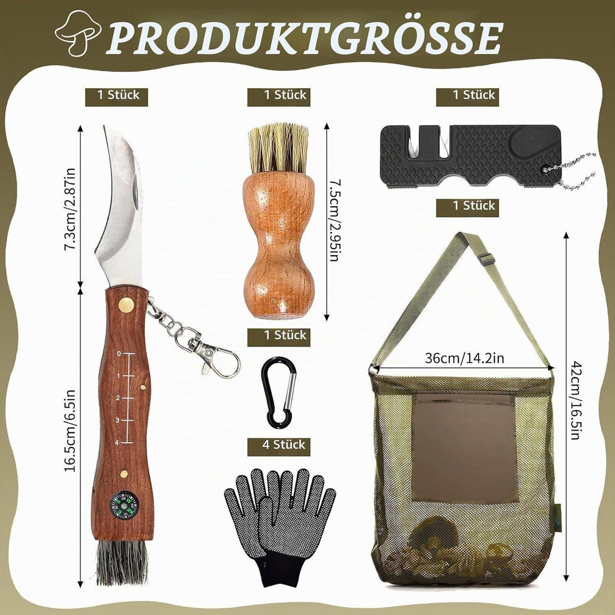 Pilzmesser Set mit Bürste, Lineal & Handschuhen