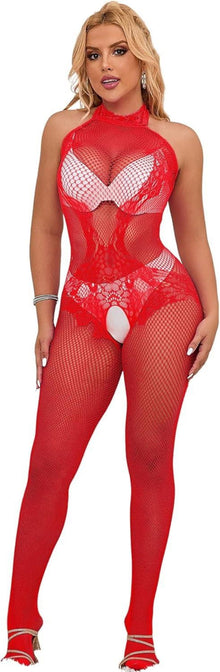 Damen Bodystocking Ouvert Sexy Dessous Spitze Schwarz Rot
