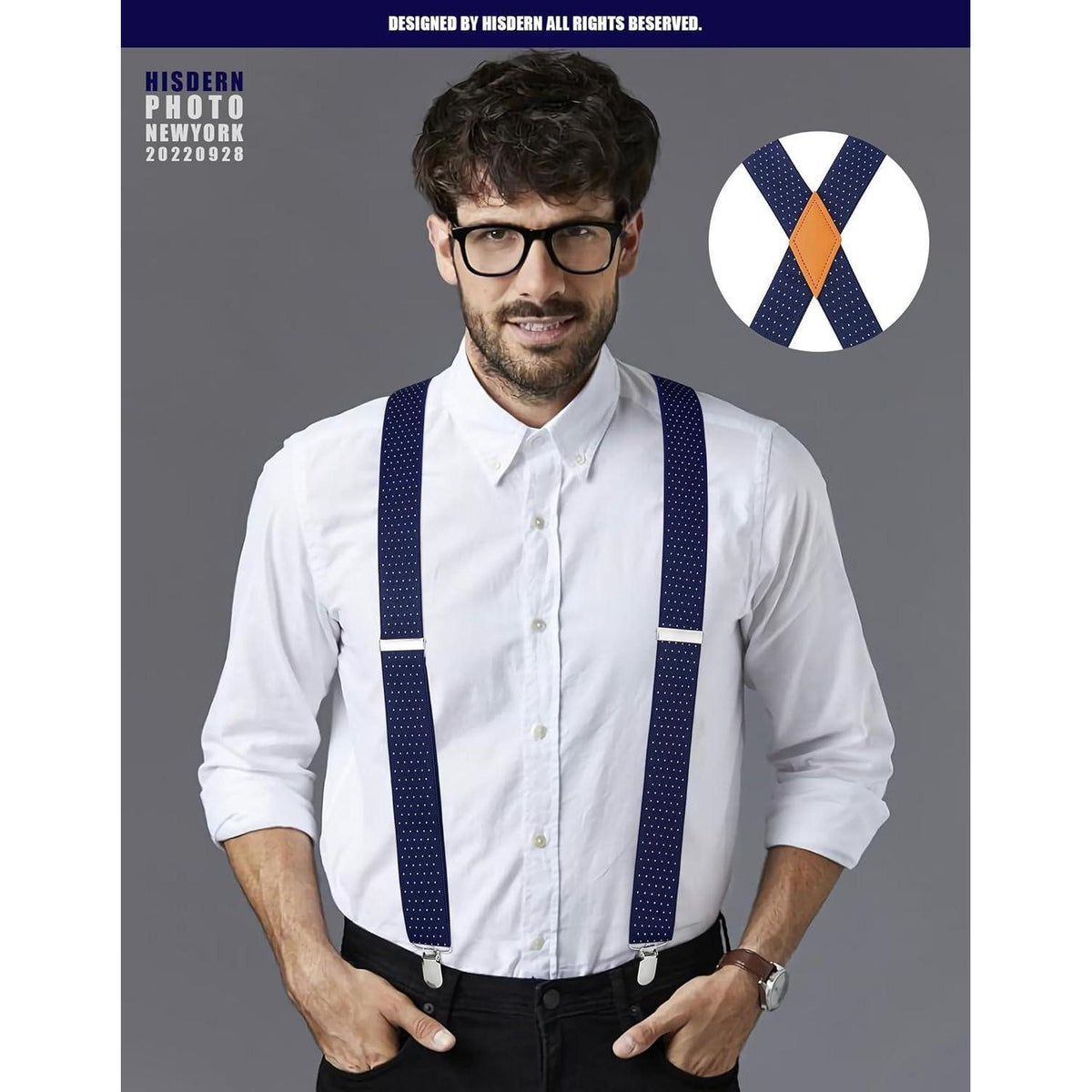 Herren Hosenträger X-Form 3,5cm Marineblau Polka Dot mit 4 Clips