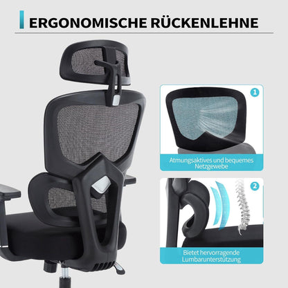 Bosmiller Bürostuhl 200KG Ergonomischer Office Chair 3D Armlehne Mesh chiefsessel Schwarz