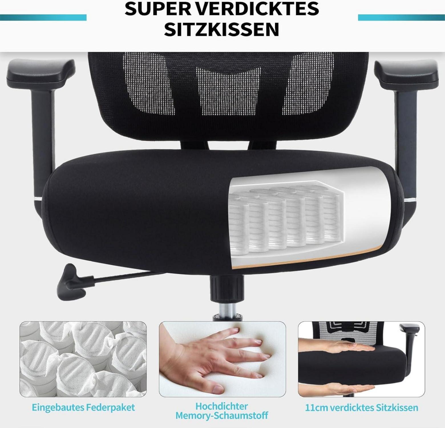 Ergonomischer Bürostuhl 200KG Verstellbare Armlehne Mesh Schwarz