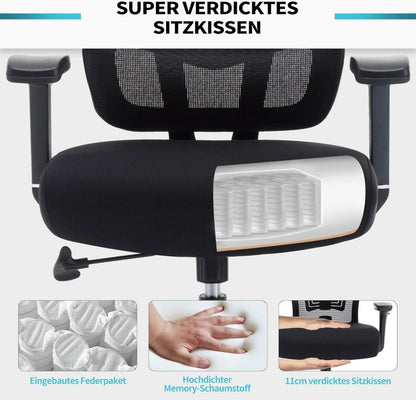 Ergonomischer Bürostuhl 200KG Verstellbare Armlehne Mesh Schwarz